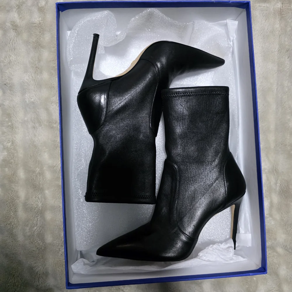 Stuart Weitzman Black Pointed Toe Leather Stiletto Sock Boots - Picture 10 of 10